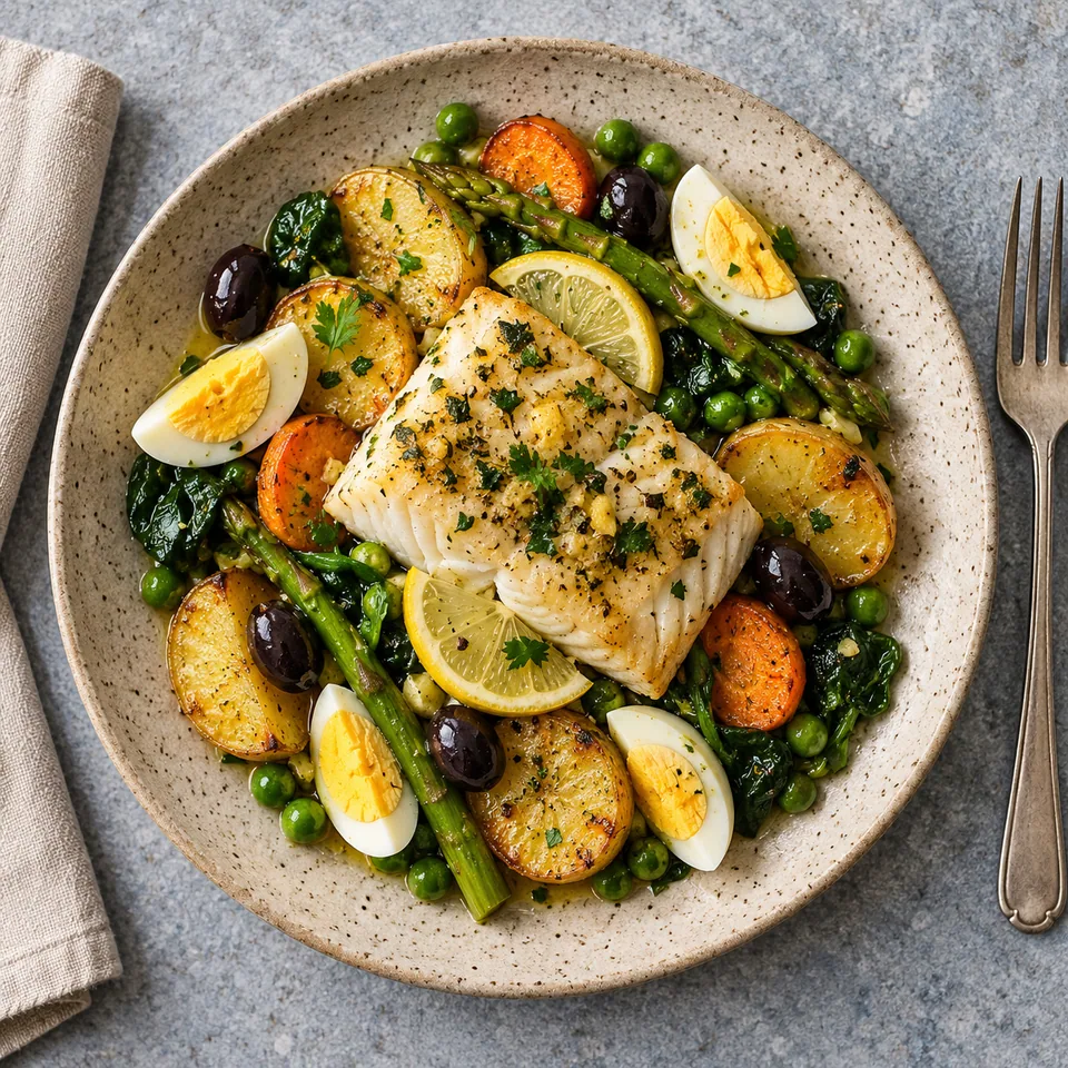 Bacalhoada printanière : morue et légumes rôtis sur assiette beige, garnie d'œuf dur, olives et citron.