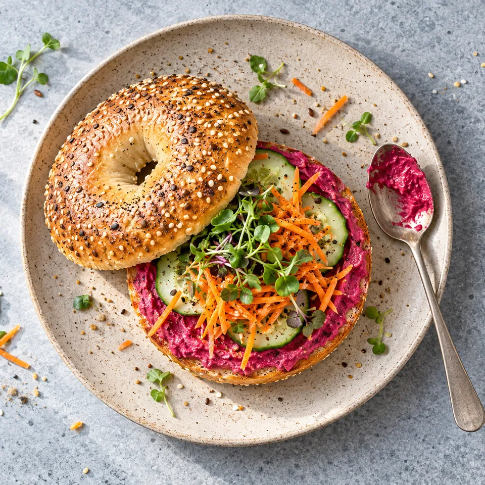 Bagel au houmous de betterave sur assiette beige, garni de concombre, carotte râpée et pousses vertes.