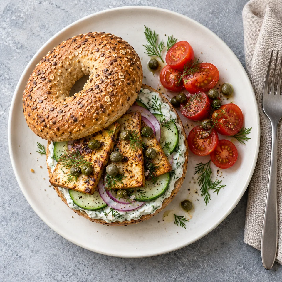 Bagel au tofu mariné, crème de soja et câpres servi sur une assiette blanche avec tomates cerises.