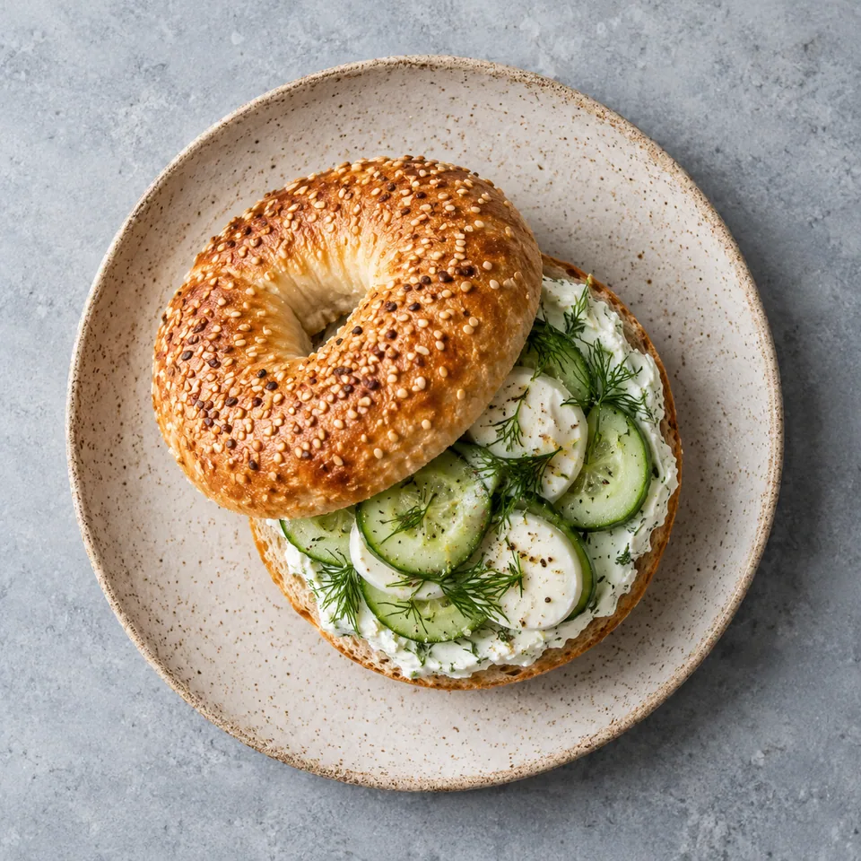 Bagel mozzarella garni de fromage frais à l'aneth et de concombre sur assiette beige.