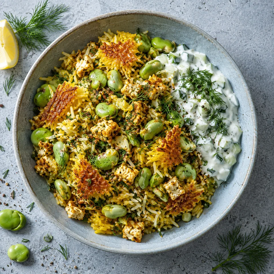 Assiette de Baghali polo végétal : riz doré aux fèves vertes et tofu, accompagné de sauce yaourt-concombre et aneth frais.