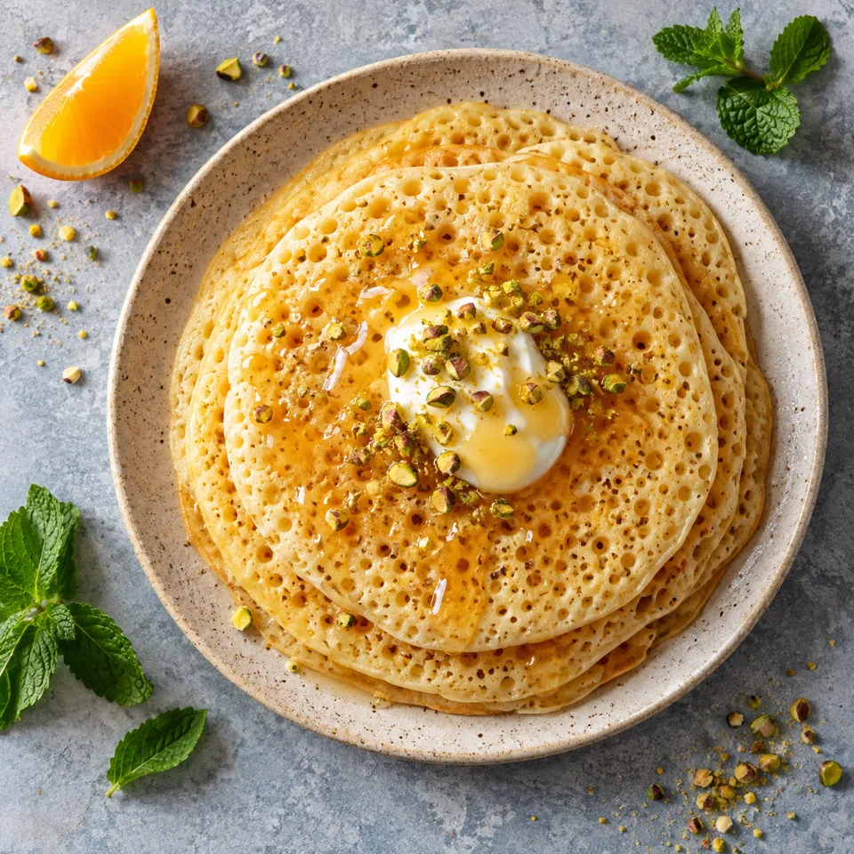 Baghrir, crêpes marocaines aux mille trous : une portion nappée de fromage blanc au miel brillant.