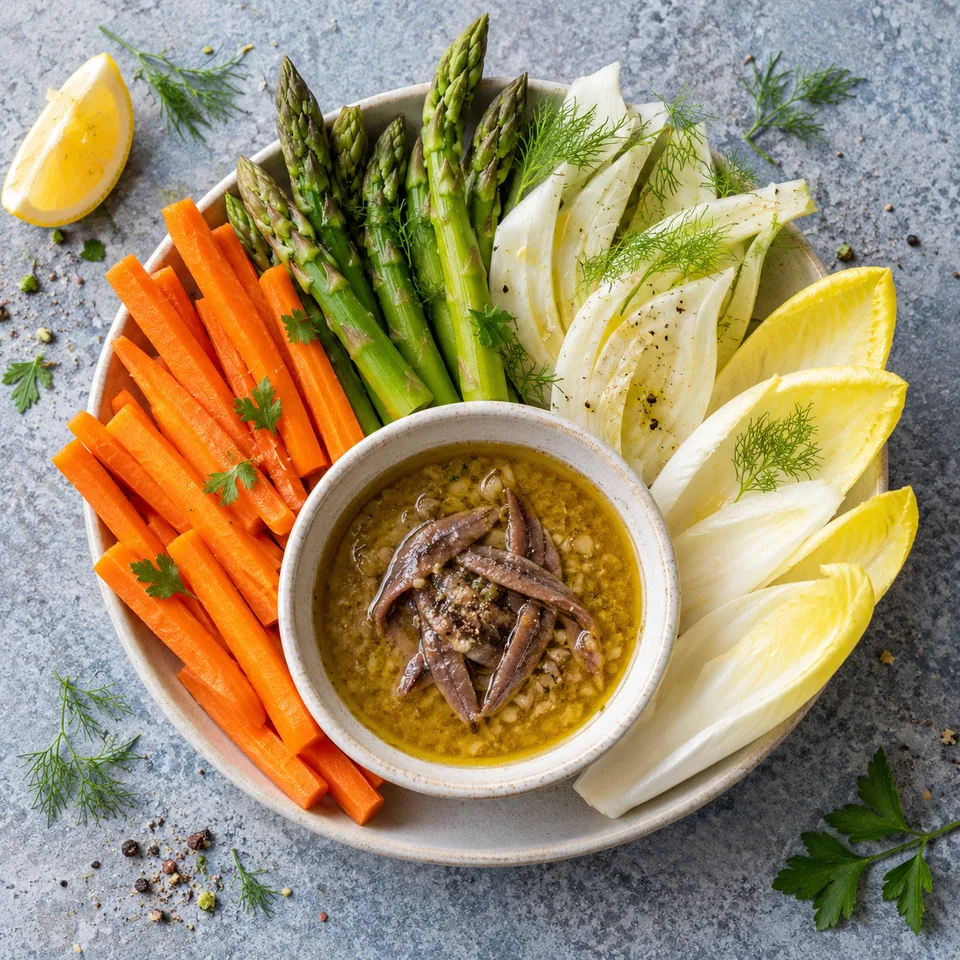 Bagna cauda et crudités de printemps : sauce onctueuse dans un bol blanc, entourée de bâtonnets de carottes, asperges et fenouil frais.