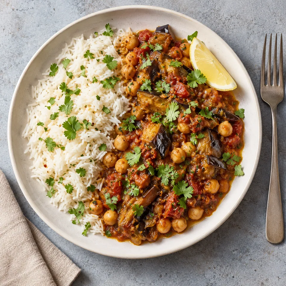 Baingan bharta : portion de riz blanc accompagnée d'aubergine grillée écrasée, pois chiches et sauce tomate, garnie de coriandre fraîche.