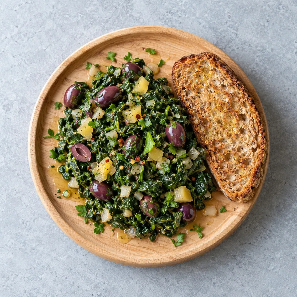 Bakoula aux épinards, olives et citron confit servi avec pain complet grillé sur planche en bois.