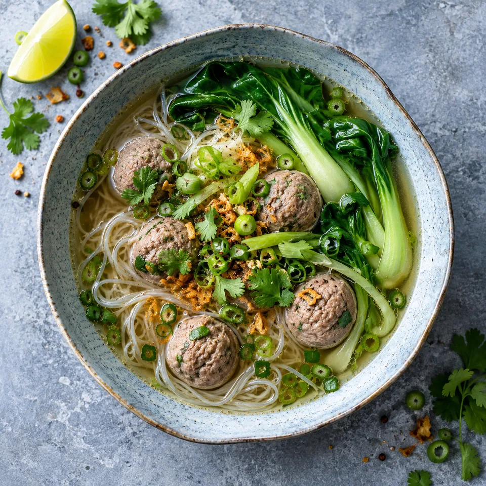 Bakso, soupe indonésienne aux boulettes servie dans un bol avec vermicelles, légumes verts et herbes fraîches.