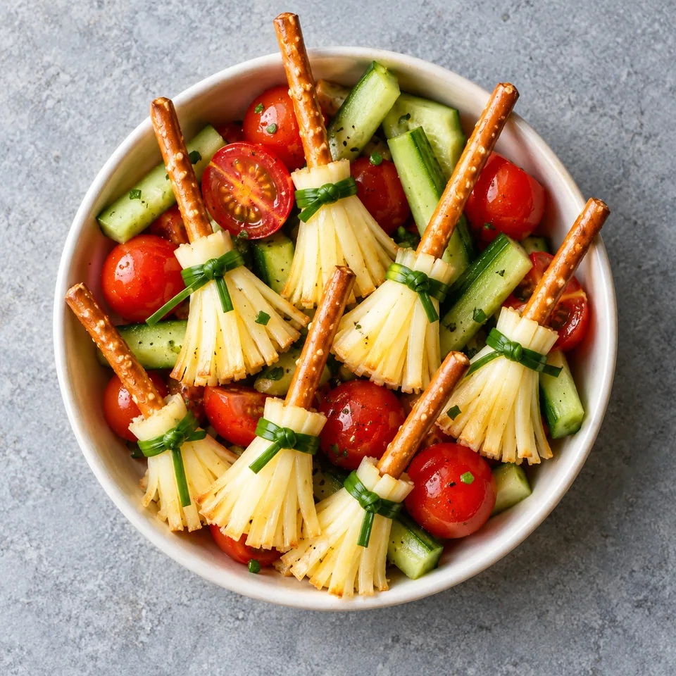 Bol blanc cassé contenant des balais de sorcière en bretzel et fromage, accompagnés de tomates cerises et bâtonnets de concombre.