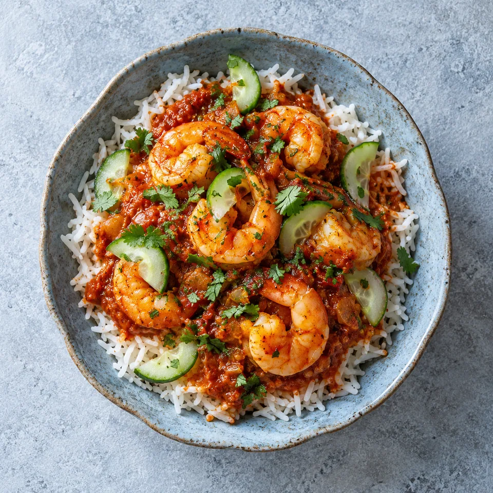 Bol de Balchão de Goa aux crevettes et riz, sauce rouge, crevettes roses, concombre vert et coriandre sur riz blanc.