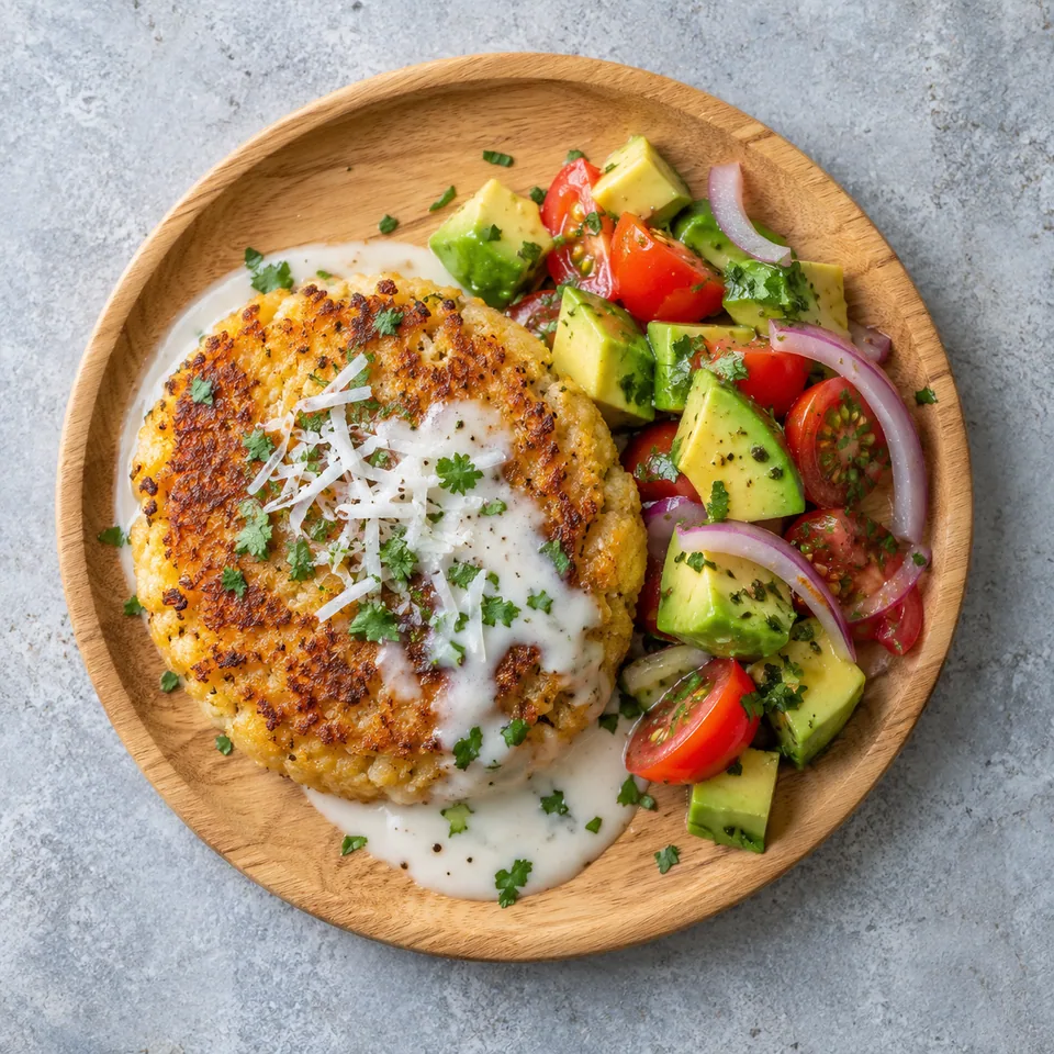 Galettes de manioc et tofu dorées sur planche en bois, accompagnées d'une salade d'avocat et tomates fraîches.