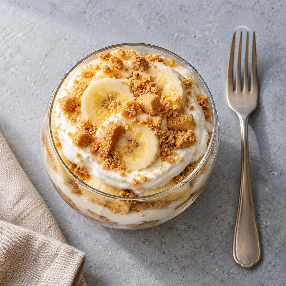 Banana pudding au skyr en verrine avec couches de crème, banane et biscuits vanille