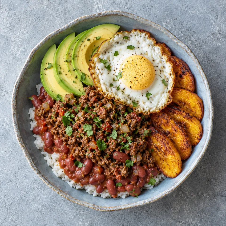 Bandeja paisa au bœuf, riz et plantain : riz, haricots, bœuf, avocat, plantain rôti et œuf au plat dans un bol bleu-gris.