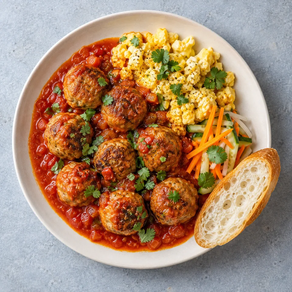 Bánh mì chảo : boulettes de porc à la tomate, œufs brouillés, pickles et baguette sur assiette blanche.