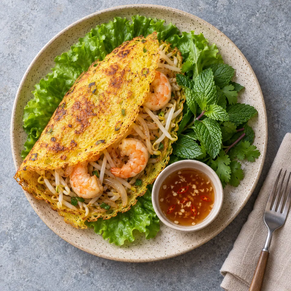 Bánh xèo aux crevettes : galette dorée pliée avec crevettes roses, oignons et pousses de soja, servie avec laitue, menthe et sauce.