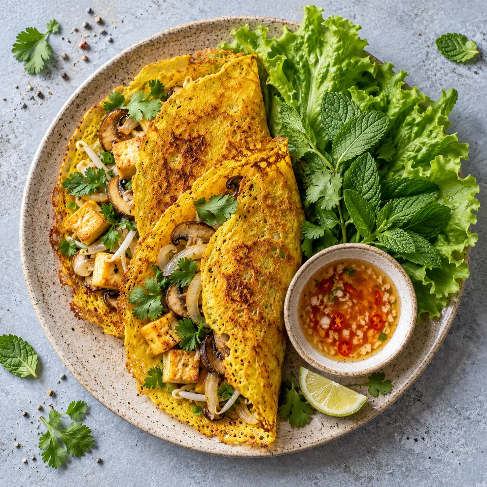 Bánh xèo croustillants au curcuma, tofu et herbes : deux crêpes dorées pliées avec garniture, servies sur assiette beige avec herbes fraîches et sauce citronnée.