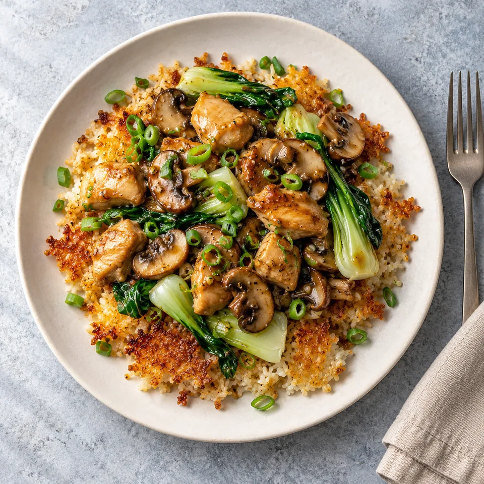 Bao zai fan à la poêle : riz doré croustillant, poulet, champignons et pak choï sur assiette blanche.