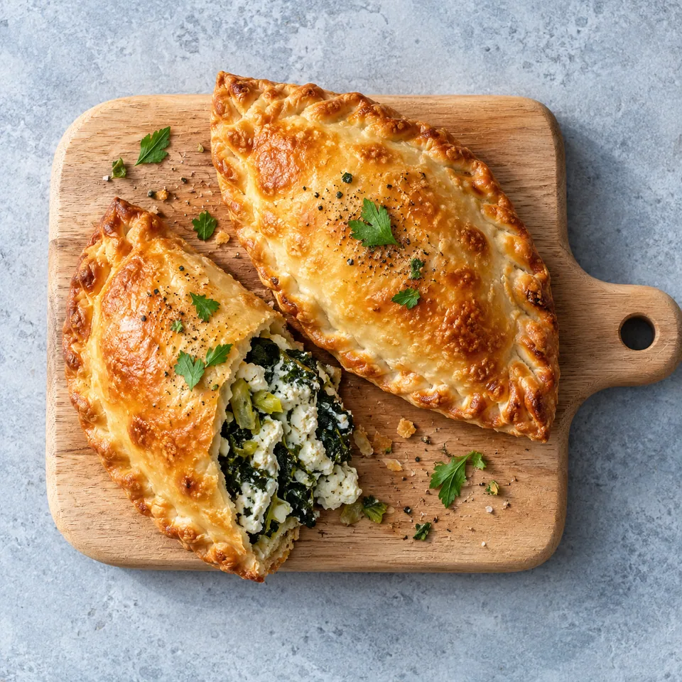 Barbajuans au four, blettes et ricotta : deux chaussons dorés et croustillants sur une planche en bois, farce verte et blanche visible.
