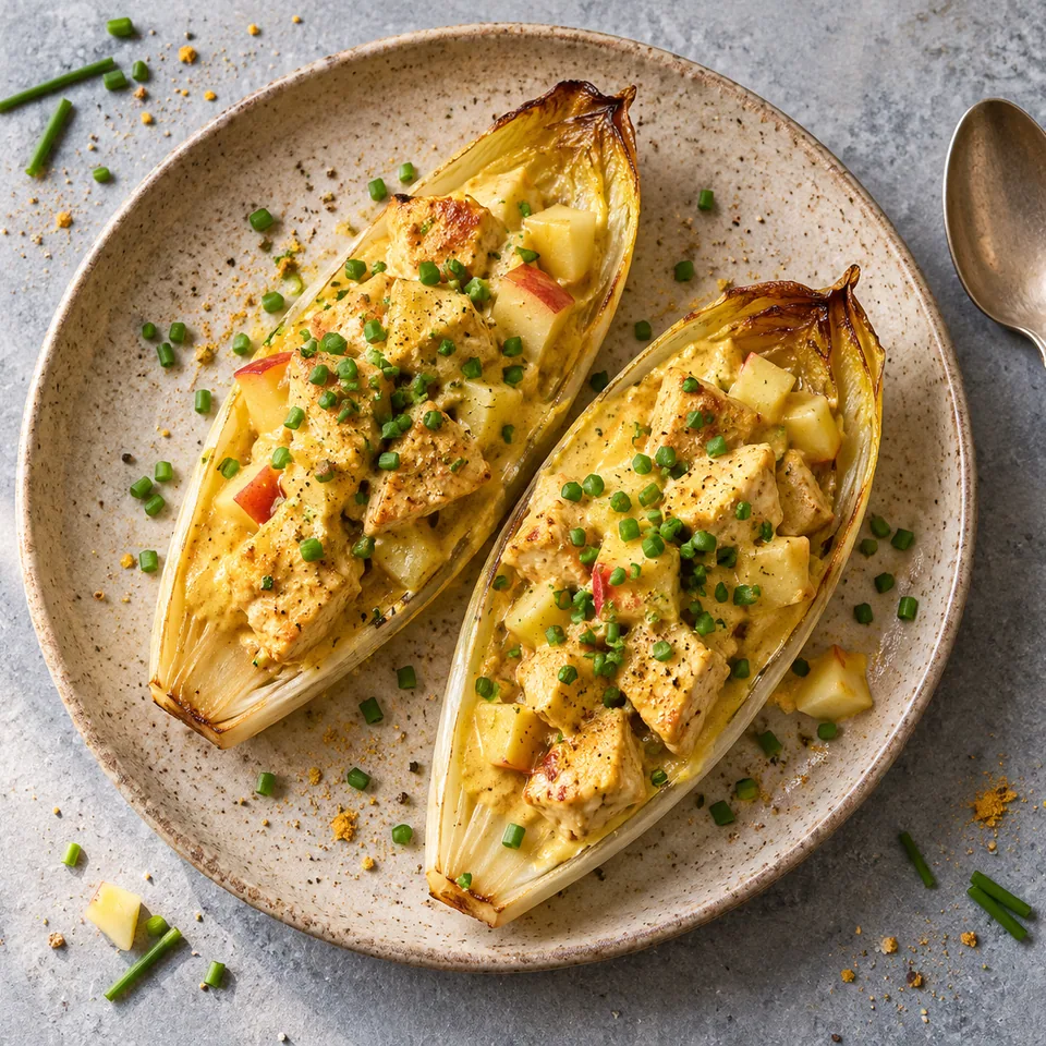 Barquettes d’endive au poulet, pomme et curry : deux feuilles d'endive remplies de dés de poulet et pomme nappés de sauce au curry et ciboulette.