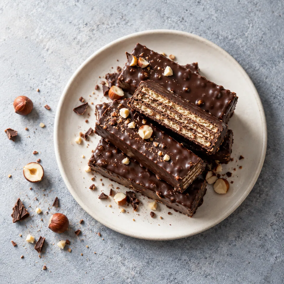 Barres de gaufrettes au chocolat noir empilées sur une assiette blanche, enrobées de chocolat brillant.