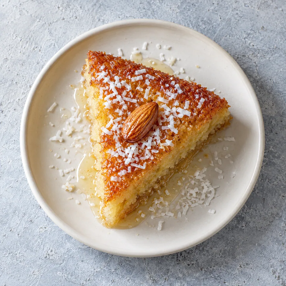 Part de basbousa au yaourt doré et brillant, nappé de sirop, avec une amande au centre, sur assiette blanche.