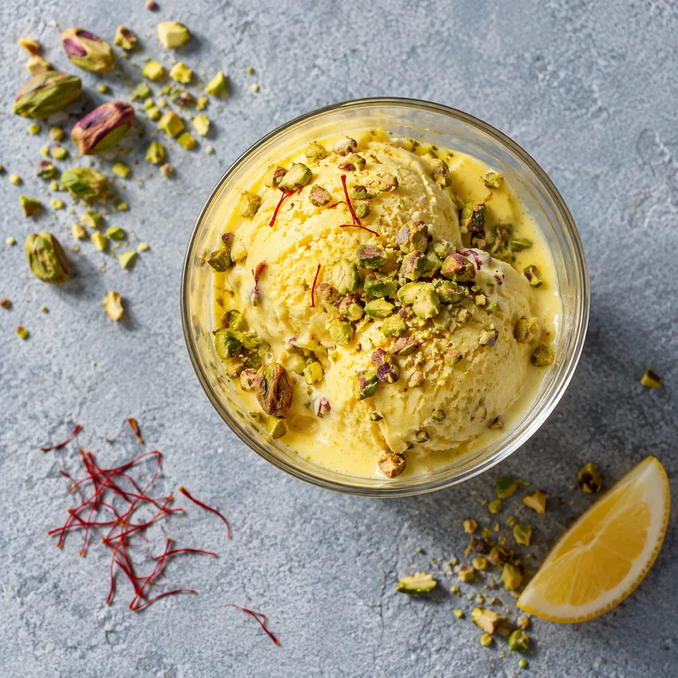 Bastani persan au safran et à la pistache : glace jaune dorée parsemée de pistaches concassées dans une verrine en verre.
