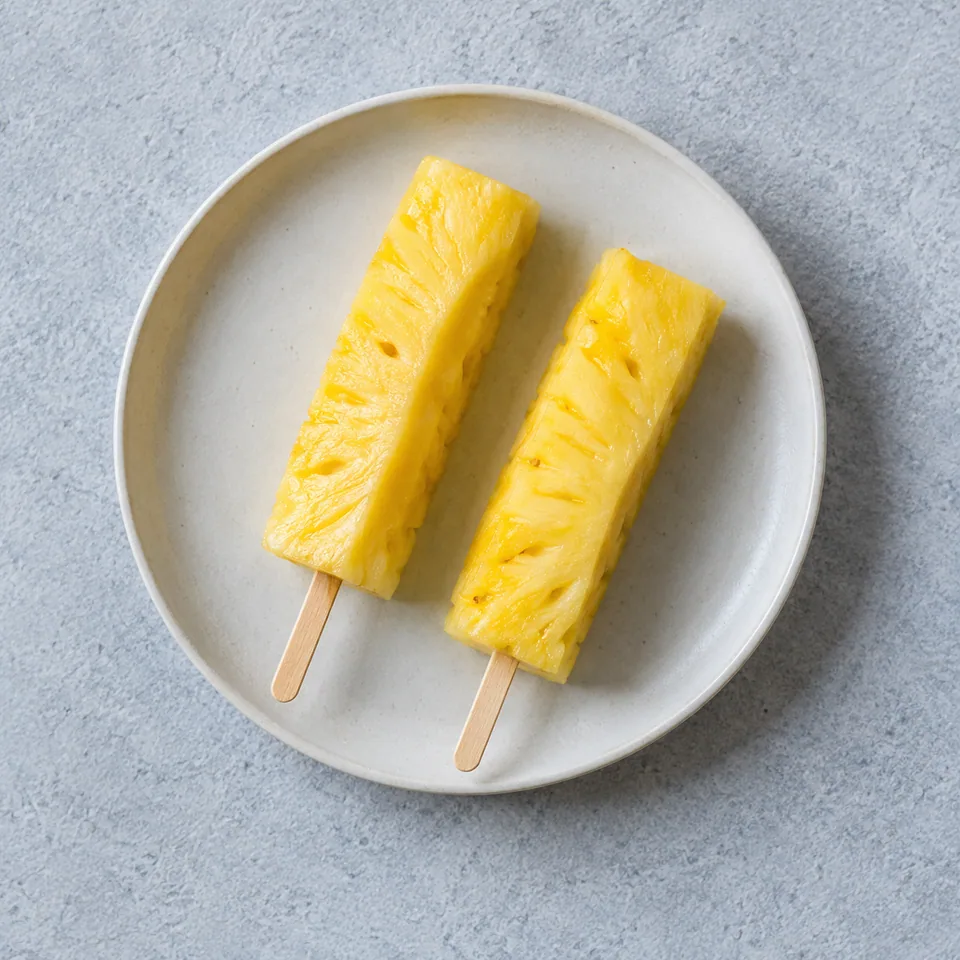 Bâtonnets d’ananas : deux tranches épaisses de chair jaune vif piquées sur des bâtons en bois, prêtes à être dégustées.