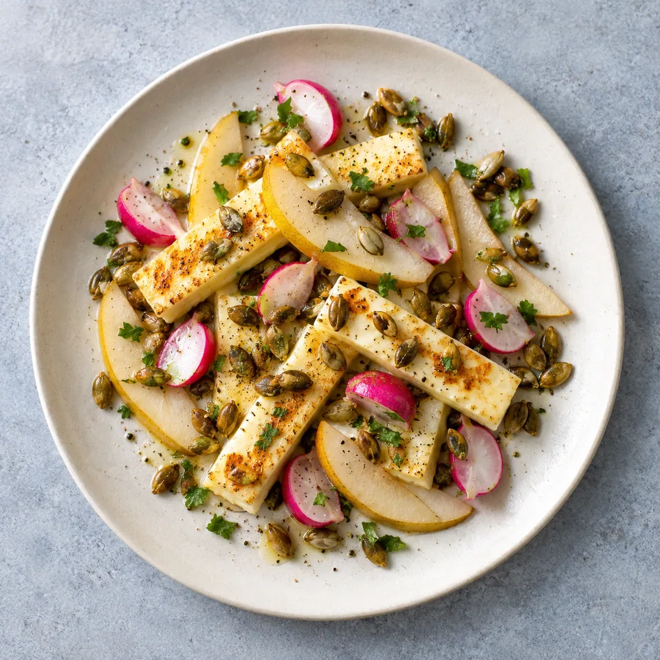 Bâtonnets de fromage, poire et graines de courge : assiette avec bâtonnets de fromage, lamelles de poire, radis roses et graines dorées.