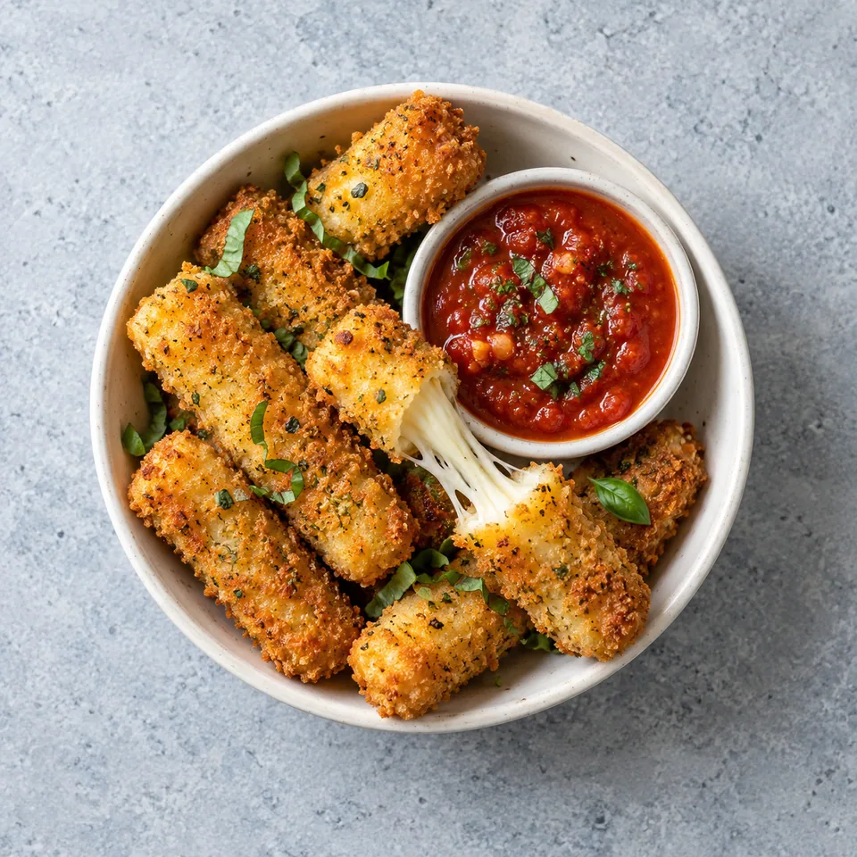Bâtonnets de mozzarella panés à l’air fryer dorés et croustillants, servis dans un petit bol en céramique avec une sauce tomate maison brillante.