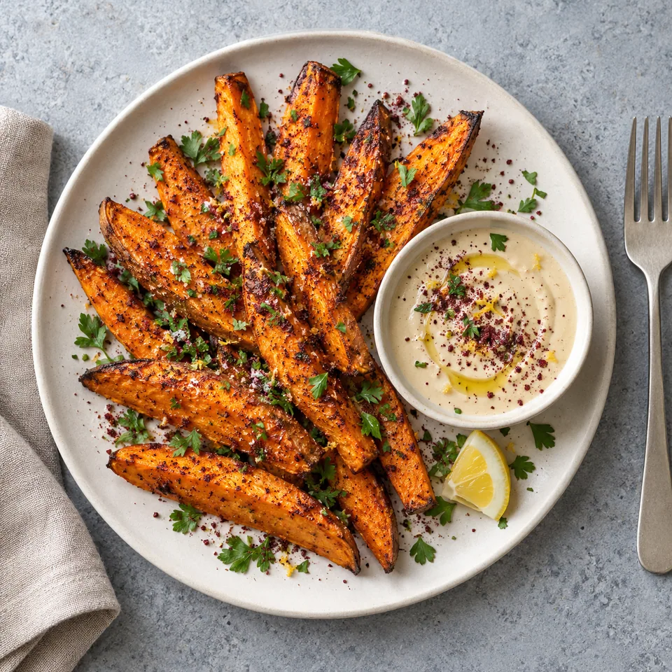 Bâtonnets de patate douce au sumac et sauce tahini-citron sur assiette blanche