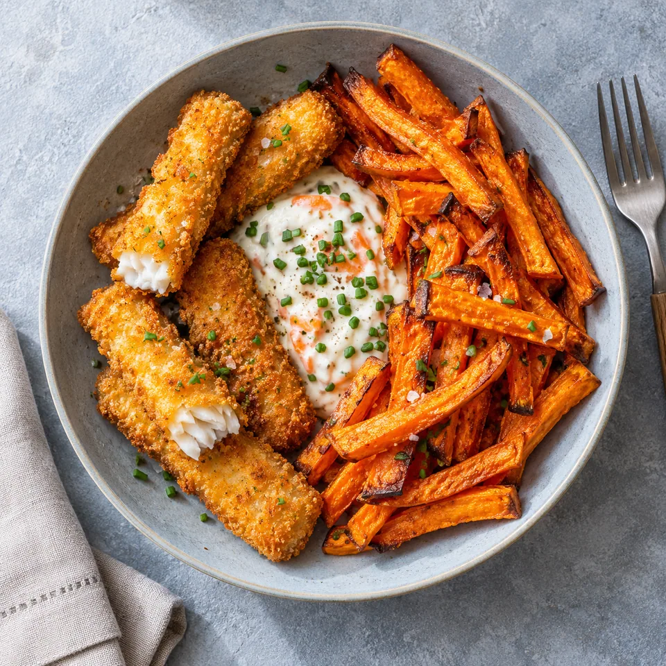 Bâtonnets de poisson et frites de patate douce sur assiette bleue avec sauce carotte ciboulette