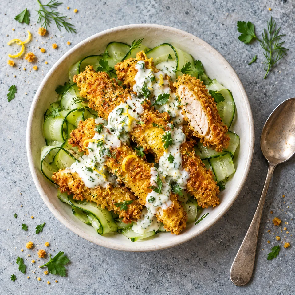 Bâtonnets de poulet au curry, sauce citronnée : poulet doré, concombre vert et sauce blanche crémeuse dans un bol blanc.