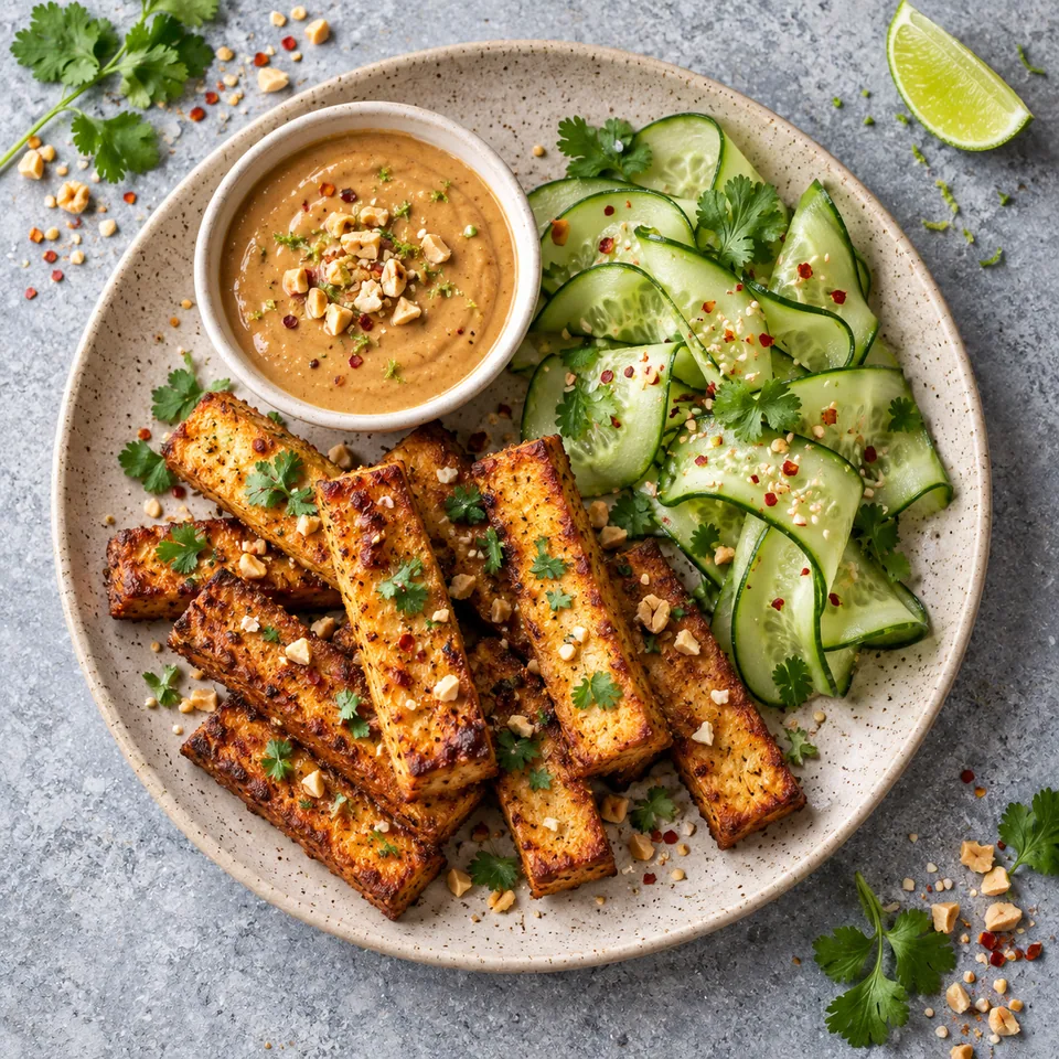 Bâtonnets de tofu fumé dorés et concombre vert frais sur assiette beige, avec sauce cacahuète dans un petit bol blanc.