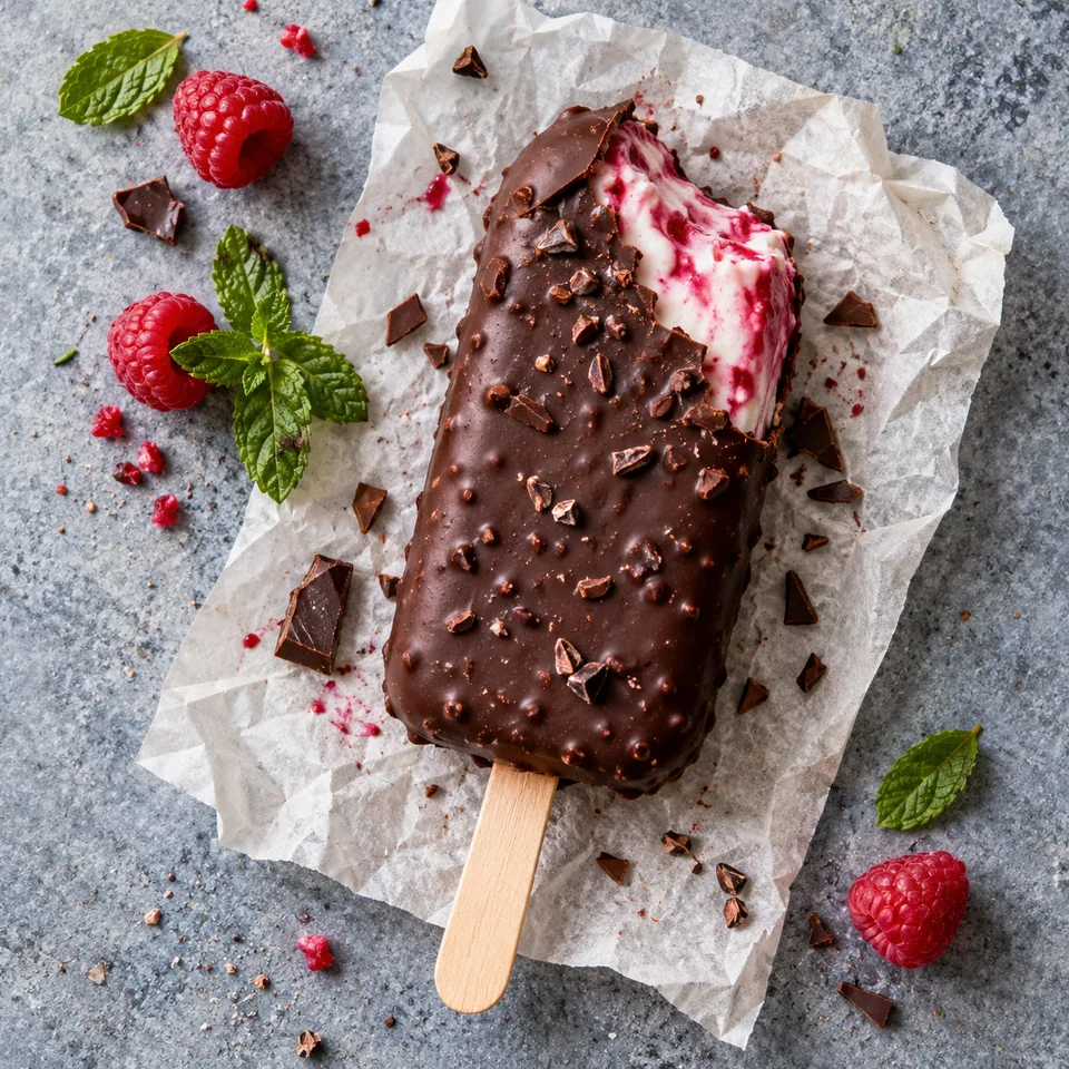 Bâtonnets glacés skyr-framboise au chocolat : une portion sur papier cuisson, coque chocolat noir brillant, cœur marbré rouge et blanc.