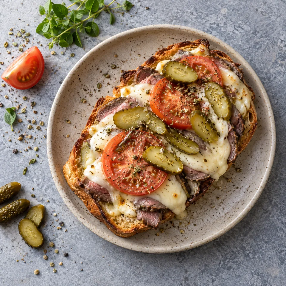 Bauru brésilien au rosbif et mozzarella sur assiette beige : pain doré, rosbif, mozzarella fondue, tomates et cornichons.