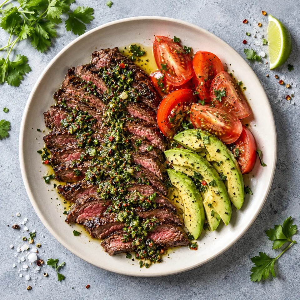 Assiette de bavette grillée tranchée en éventail, nappée de chimichurri vert, avec tomates et avocat.