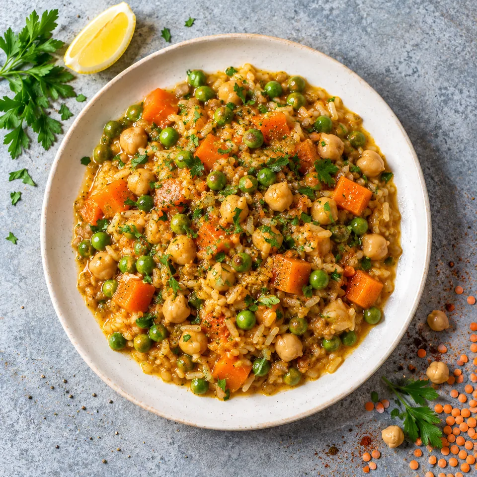 Bazella, ragoût libanais de petits pois et pois chiches servi sur une assiette blanche, avec des dés de carottes, des pois chiches et des lentilles dans une sauce dorée.