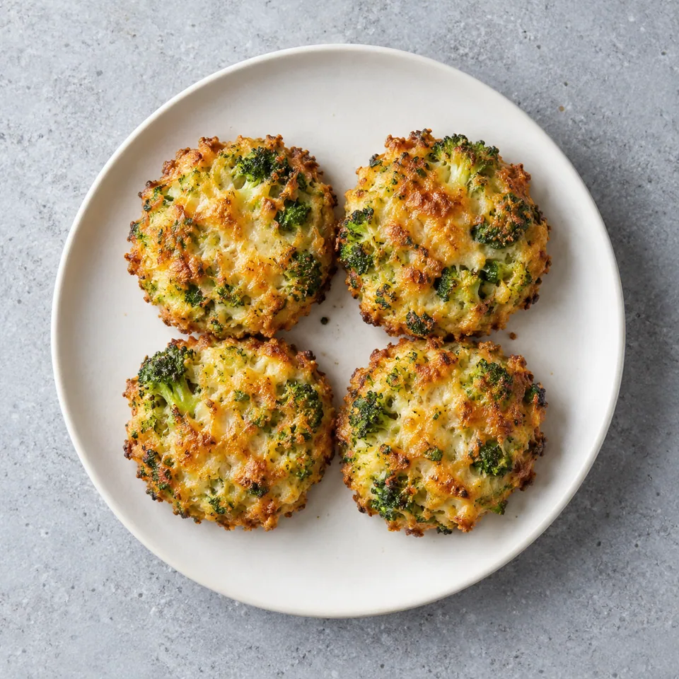 Beignets de brocoli au four dorés et croustillants sur une assiette blanche, portion de deux beignets.
