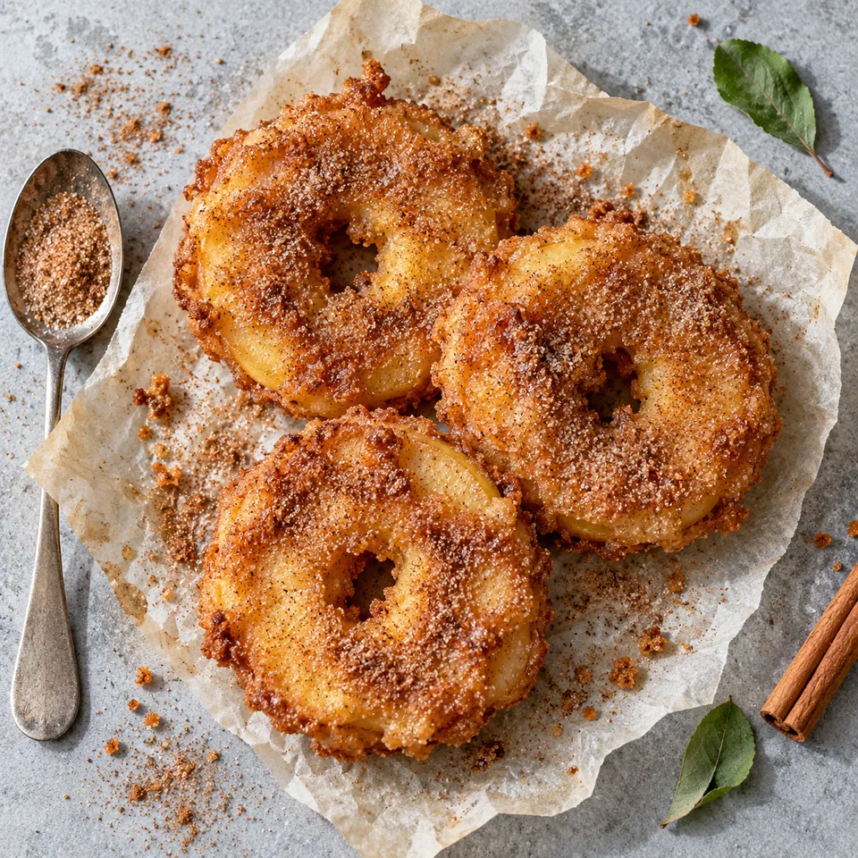 Beignets de pommes à la cannelle : trois rondelles dorées et croustillantes saupoudrées de sucre-cannelle sur papier cuisson froissé.