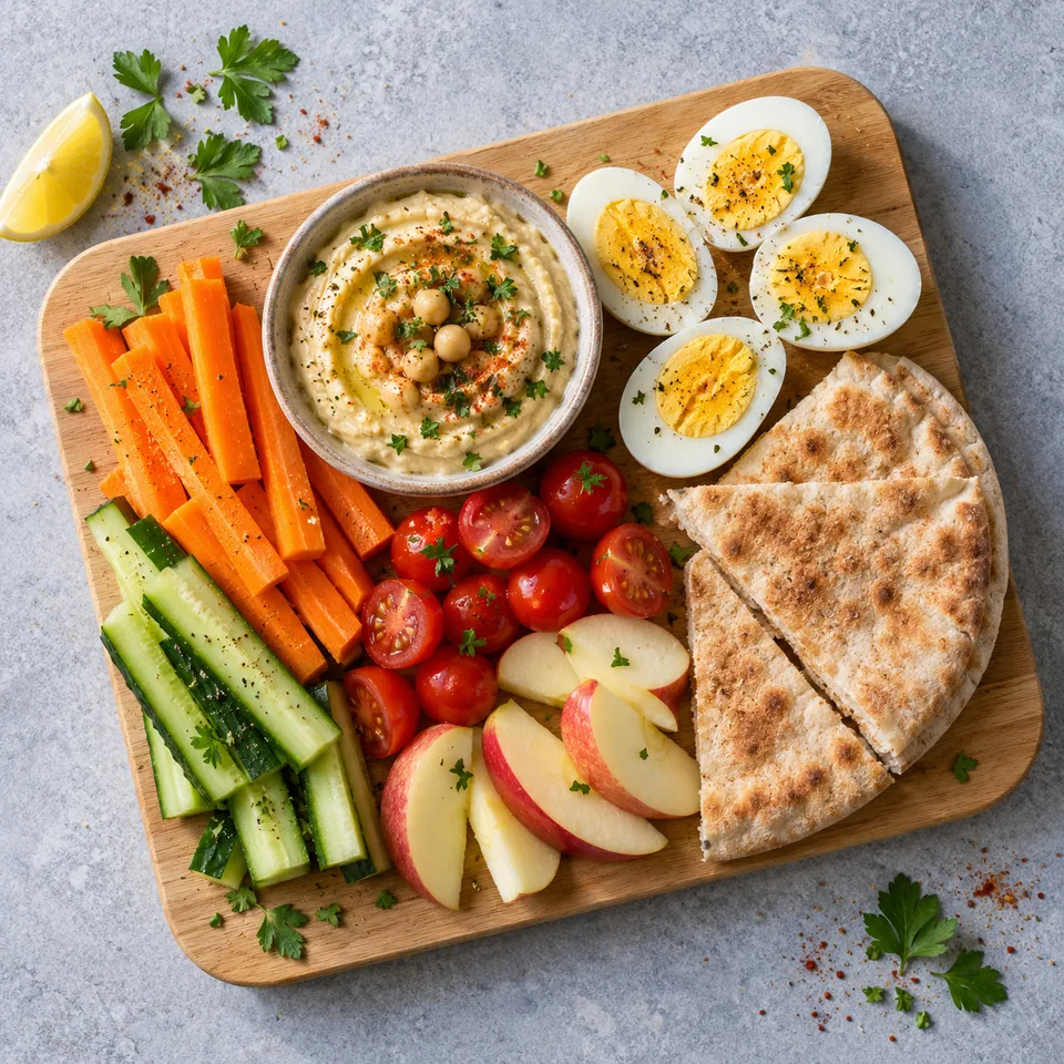Bento de supérette : œufs durs, houmous, pita, carottes, concombre, tomates cerises et pomme sur une planche en bois.