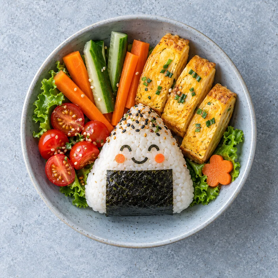 Bento rigolo : onigiri au thon, omelette tranchée, légumes croquants et tomates cerises sur assiette bleue.