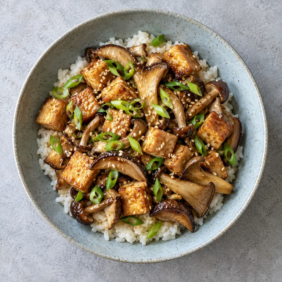 Beoseot bokkeum : riz, tofu doré et champignons sautés sur assiette bleue, garnis de ciboule et sésame.