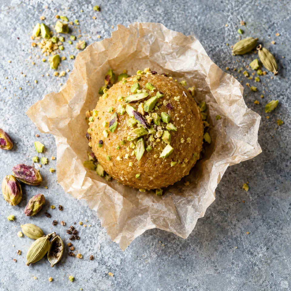 Besan ladoo à la cardamome : boule dorée garnie de pistaches vertes sur papier cuisson froissé.