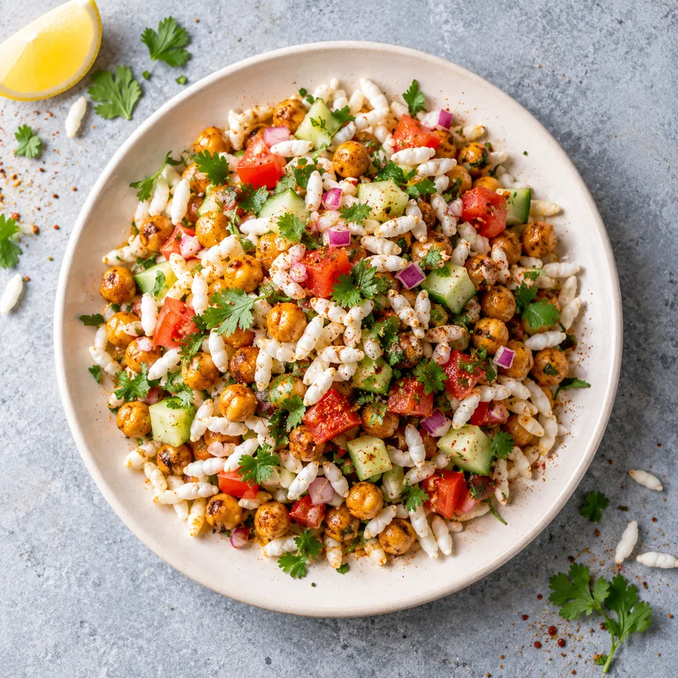 Bhel puri : pois chiches, dés de tomate et concombre sur riz soufflé dans une assiette blanche.