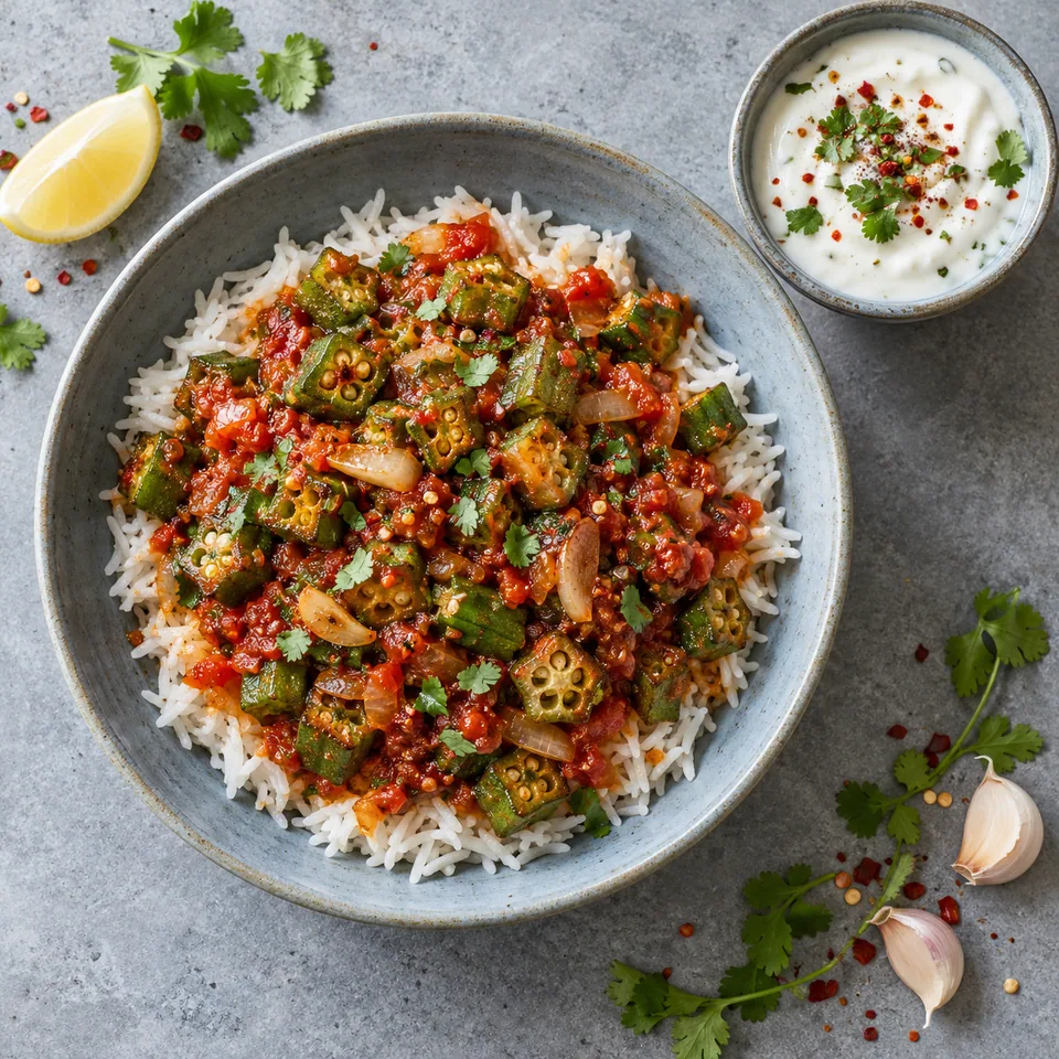 Bhindi masala : riz blanc, gombos dorés en rondelles et sauce tomate épicée, servis avec yaourt blanc sur assiette bleue.