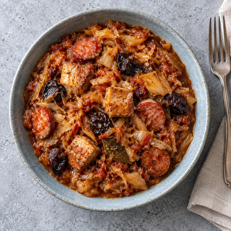 Bigos polonais : portion de porc, saucisse, pruneaux et choux mijotés dans une sauce tomate rouge foncé sur assiette creuse.