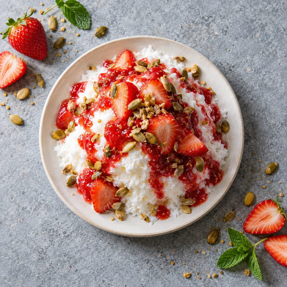 Bingsu fraise : neige de lait glacée blanche en monticule, coulis rouge et graines dorées.