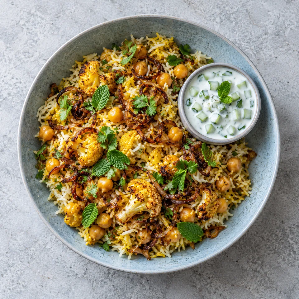 Biryani végétal aux pois chiches et chou-fleur sur assiette bleue, avec raïta à côté