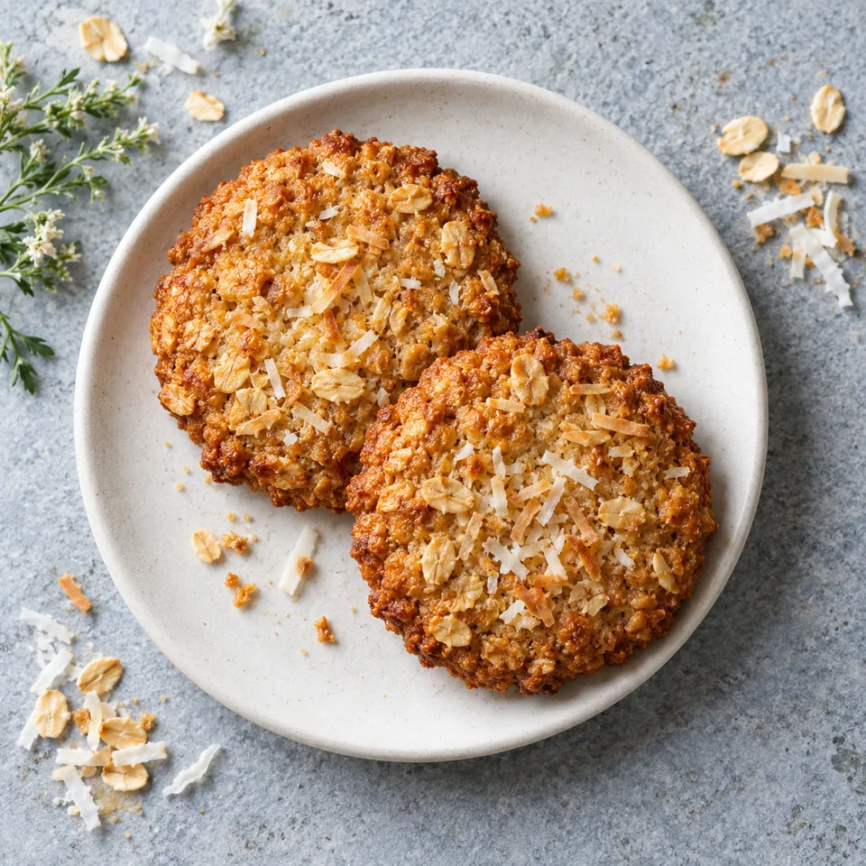 Deux biscuits Anzac dorés à l'avoine et coco sur une petite assiette blanche