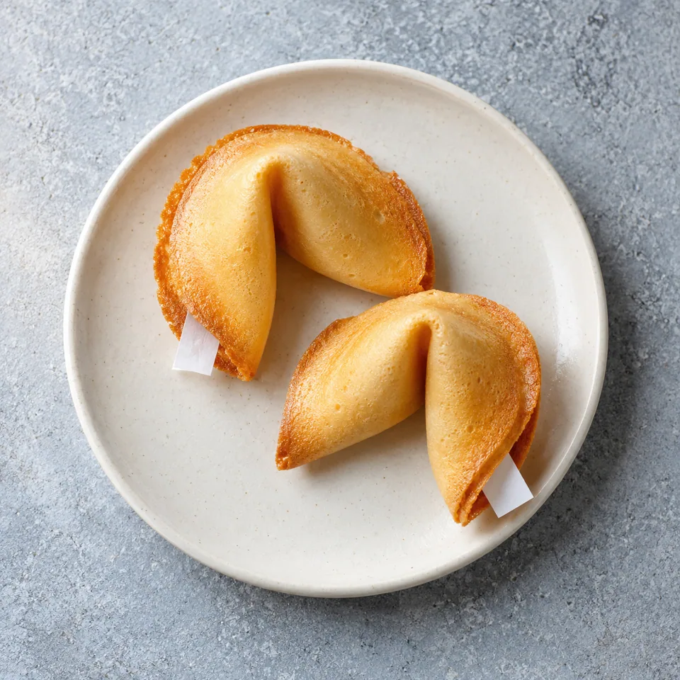 Biscuits de la fortune maison dorés et croustillants sur une petite assiette blanche.