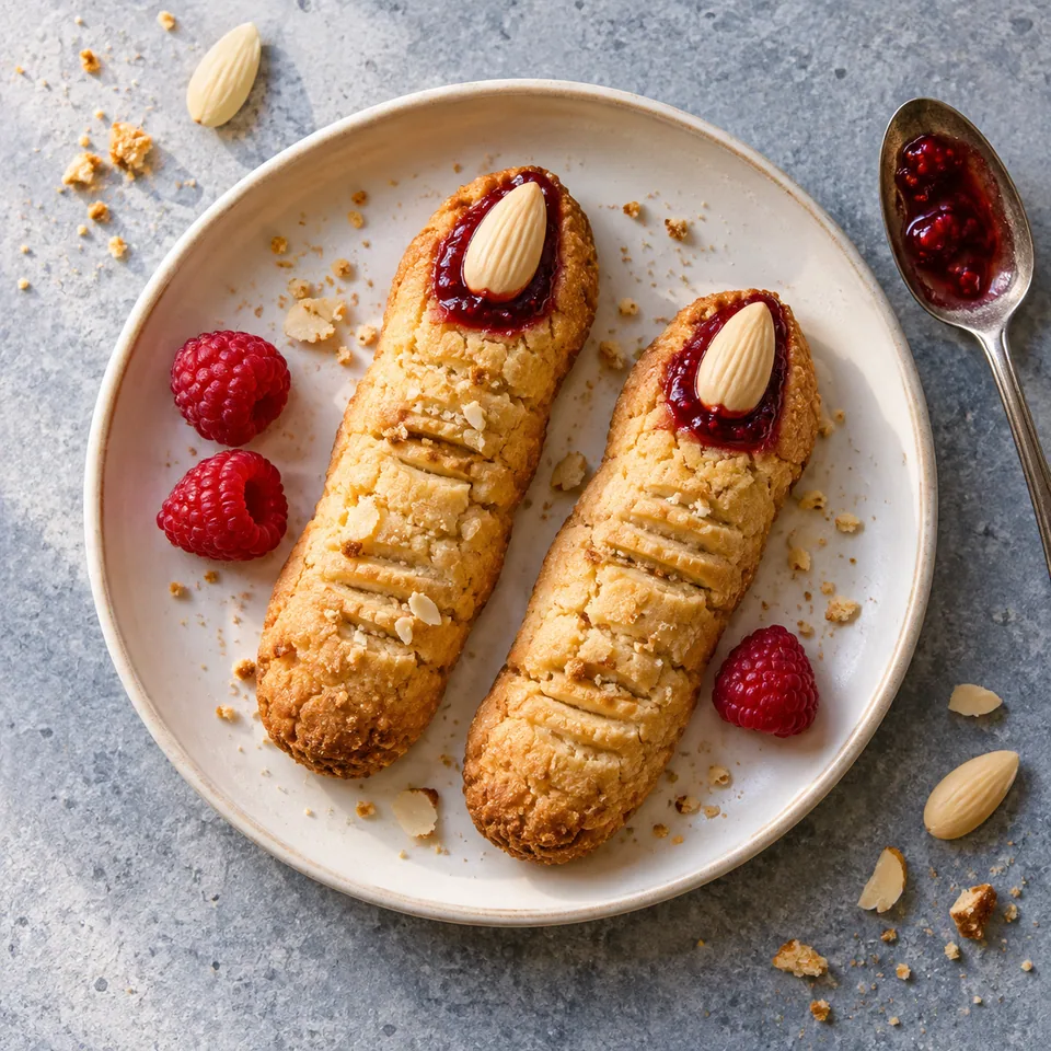 Deux biscuits doigts de sorcière à l'amande dorés sur une assiette blanche, garnis de confiture de framboise et d'une amande.