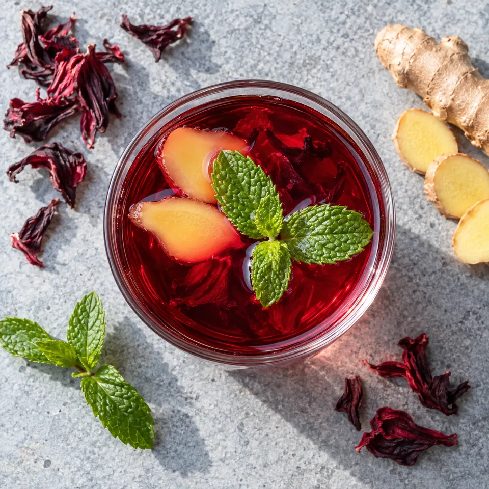 Bissap, infusion d’hibiscus à la menthe et au gingembre : un verre de boisson rouge rubis avec menthe et gingembre.